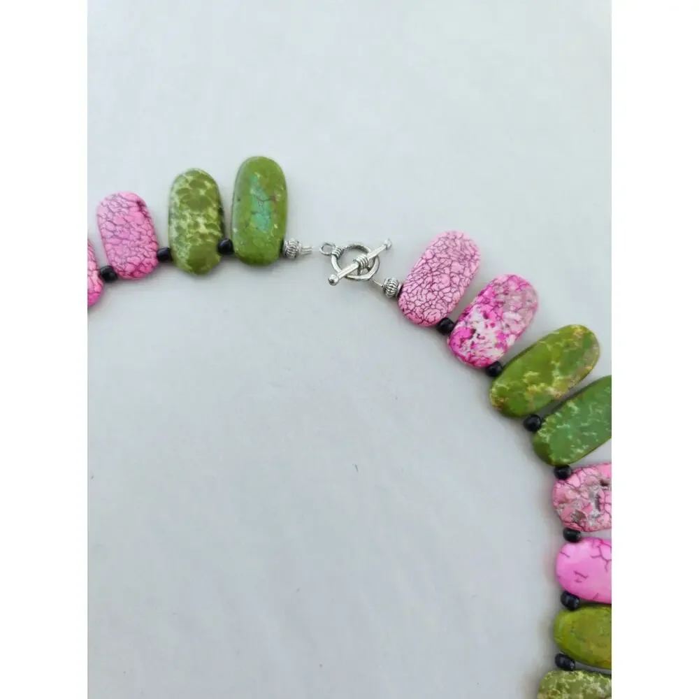 Handmade Gem Stone‎ Beaded Artisan Necklace Howlite Green Pink Green Choker Boho